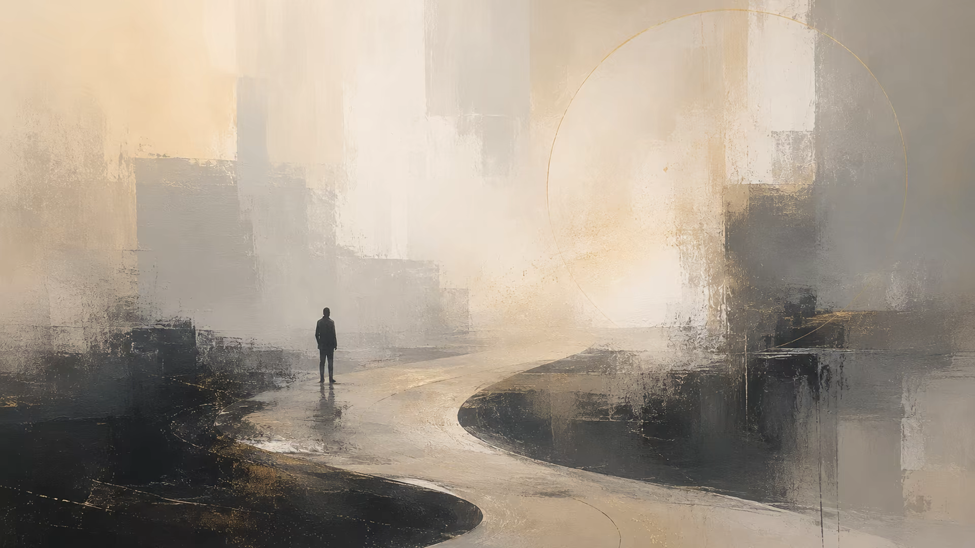Quiet abstract figure walking through a pale architectural landscape representing a search for new direction