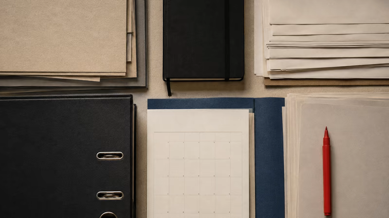 A curated research desk with folders, notebooks, a calendar, and a red pen representing how an AI agent organizes information into a result