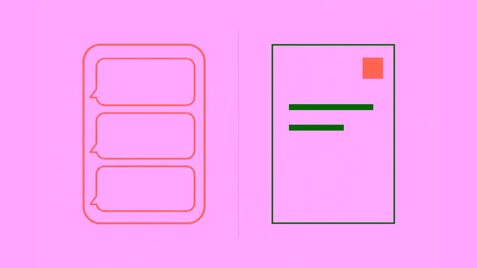 Split editorial graphic: stacked chat bubbles on the left, a finished document on the right, comparing chatbots and AI agents