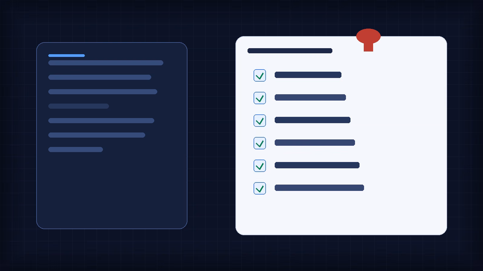Editorial graphic: a brief card on the left and a checked-off client research report on the right
