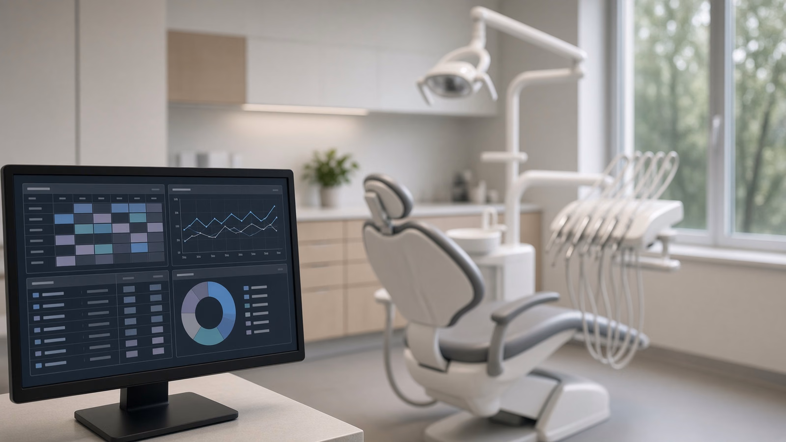 Monitor showing an abstract scheduling and analytics dashboard in the foreground of a bright dental treatment room with an empty patient chair
