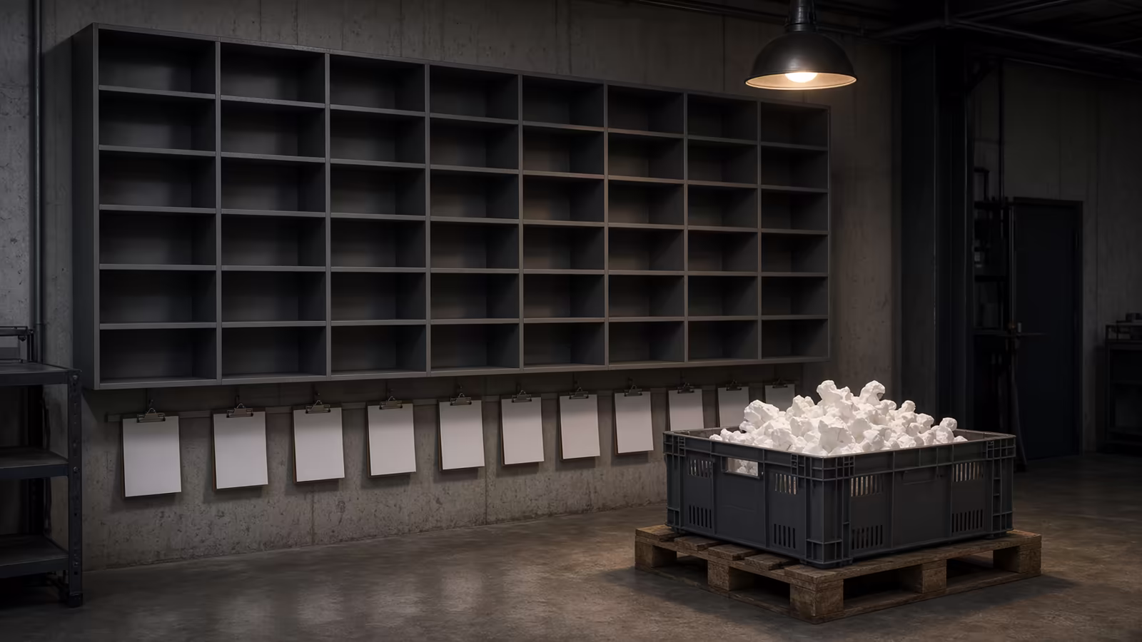 Photographic-editorial industrial mailroom sorting wall with empty metal cubby slots and blank clipboards, open courier crate in foreground, no readable text — MCP tool registry intake