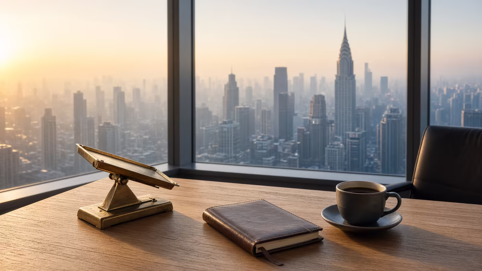 Photographic-editorial CFO desk at sunrise with a tilted brass desk tray, leather notebook and black coffee before a hazy city skyline, no readable text — Treasury yields and AI hurdle rates
