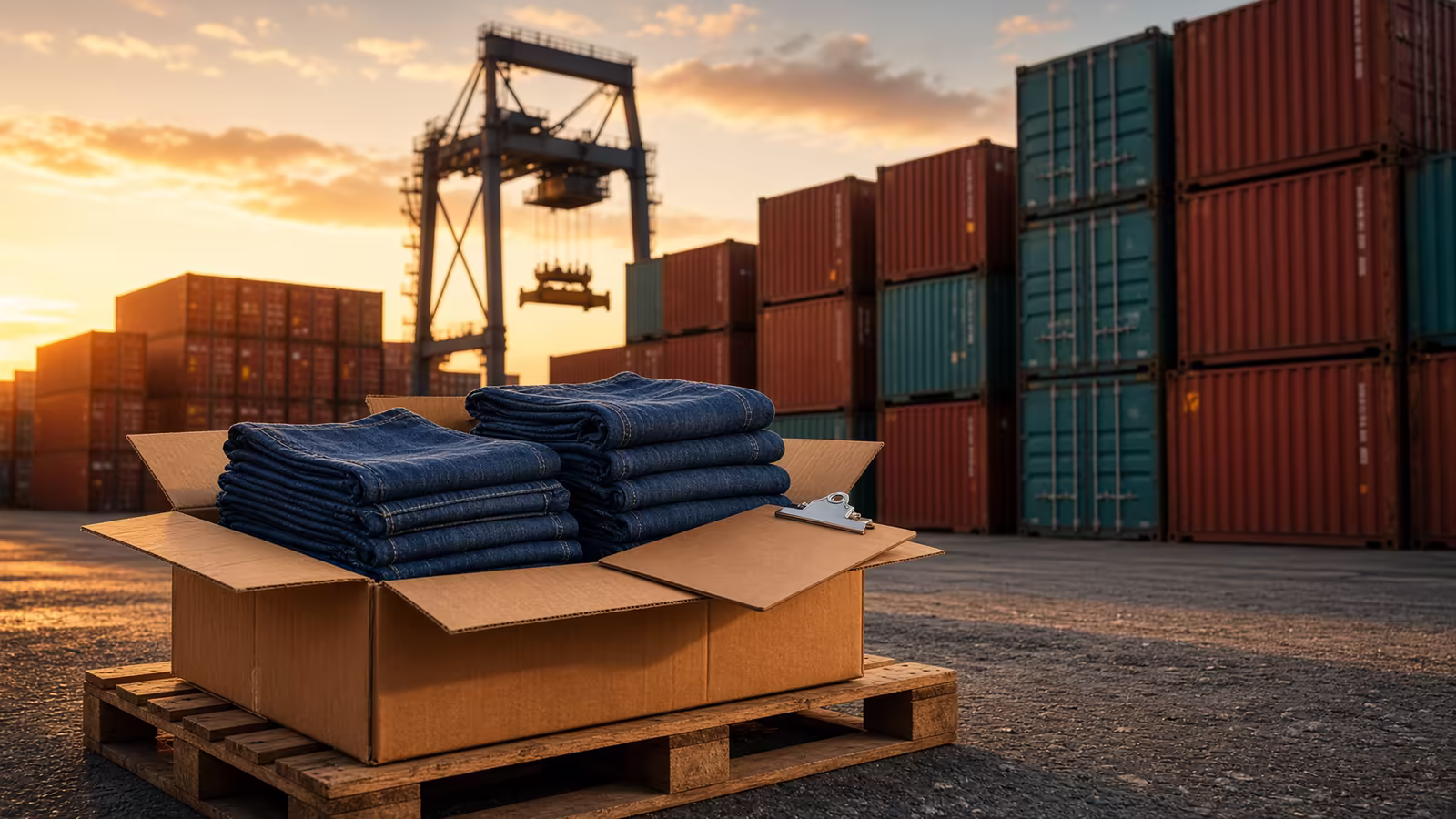 Photographic-editorial golden-hour container port with an open carton of folded indigo denim on a wooden pallet in the foreground, no readable text — tariff refunds for importers