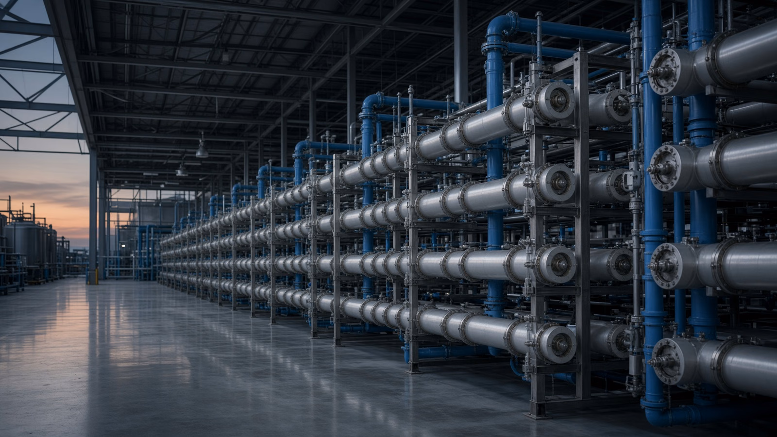 Long rows of stainless-steel membrane pressure vessels on blue piping racks in an industrial water-treatment hall at dusk, with storage tanks outside