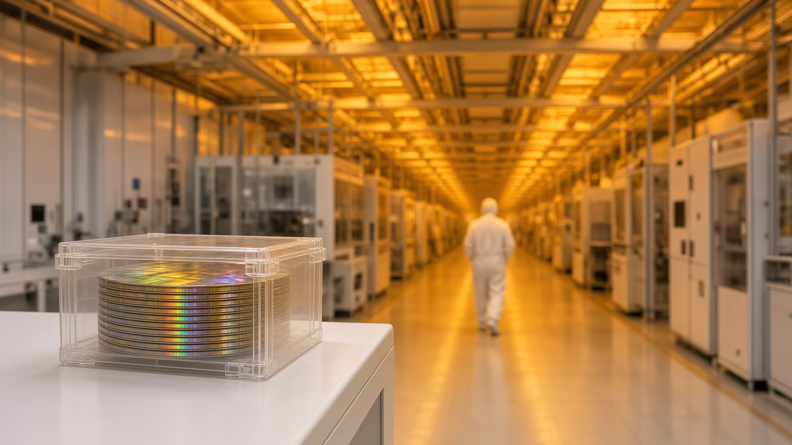 Photographic-editorial semiconductor cleanroom corridor in amber light with a wafer carrier of iridescent silicon wafers in the foreground, no readable text — TSMC and 2027 AI budgets