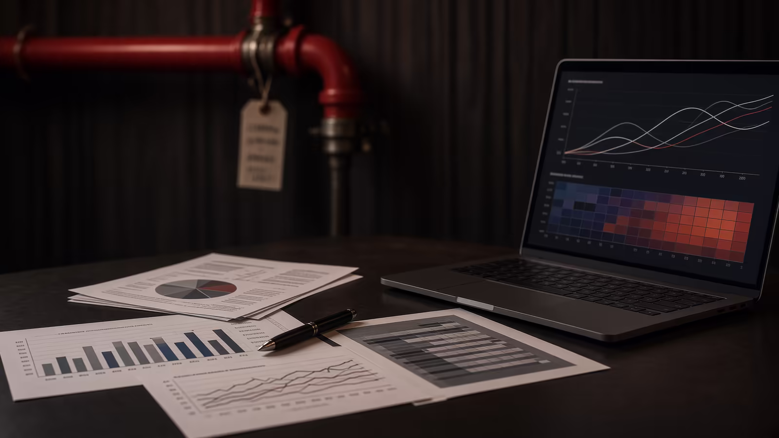 Red fire-sprinkler pipe with a hanging inspection tag above a dark desk with printed financial charts, a pen, and a laptop showing line and heatmap analytics
