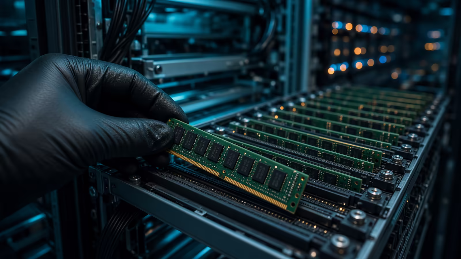 Photographic-editorial macro of a gloved hand inserting an unmarked memory module into a server rack in a teal-lit data hall, no readable text — AI memory and compute costs