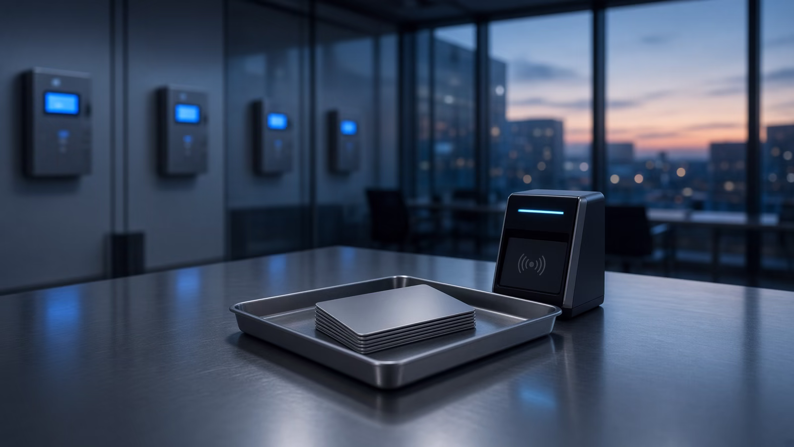 Photographic-editorial empty security operations room at dusk with blank access badges and keycard reader on steel table, no readable text — agent IAM permission scopes