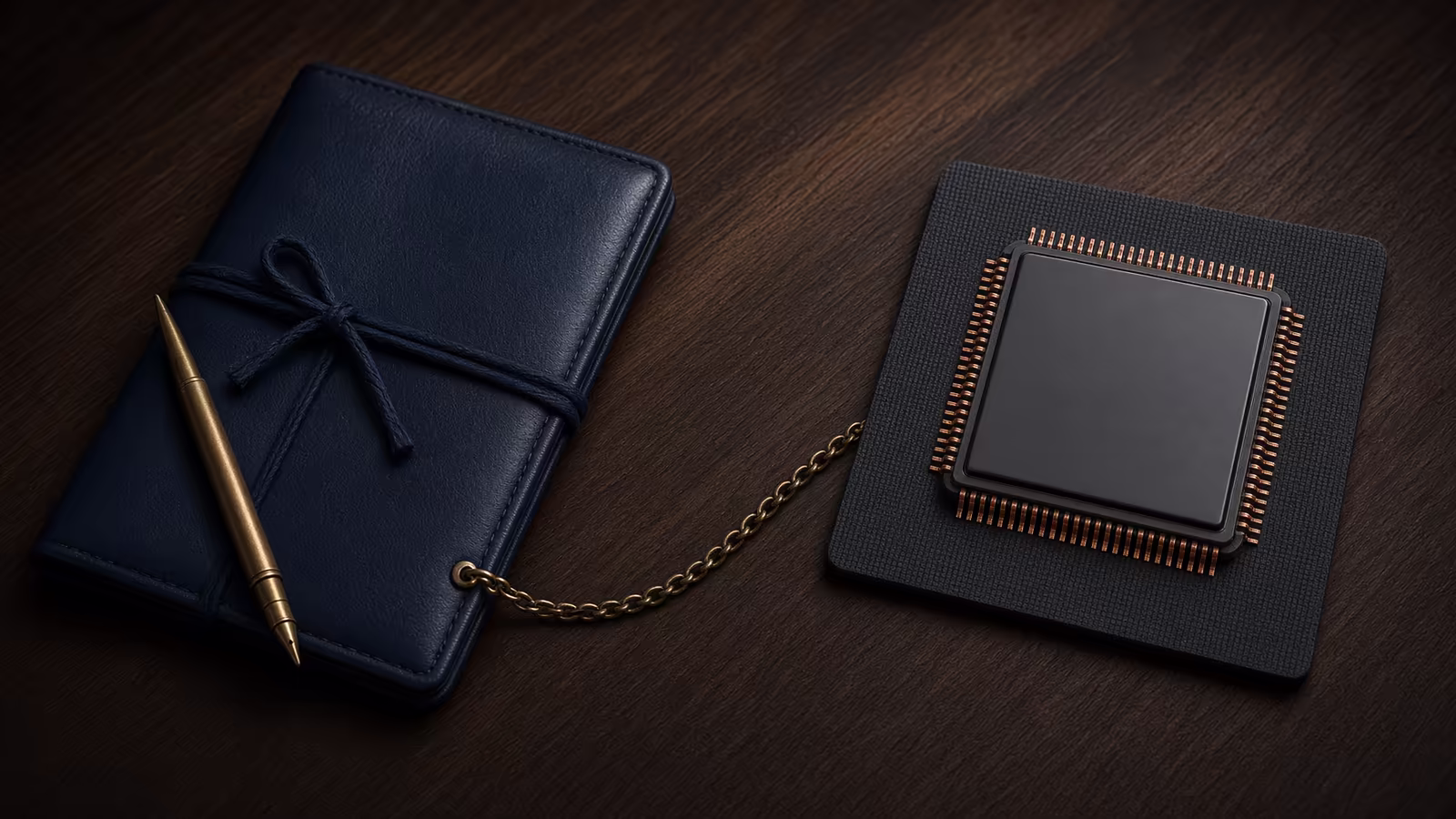 Photographic-editorial flat-lay of a navy leather loan folder, brass pen and an unbranded AI chip package linked by a thin chain on a walnut table, no readable text — chip-vendor financing and AI vendor risk